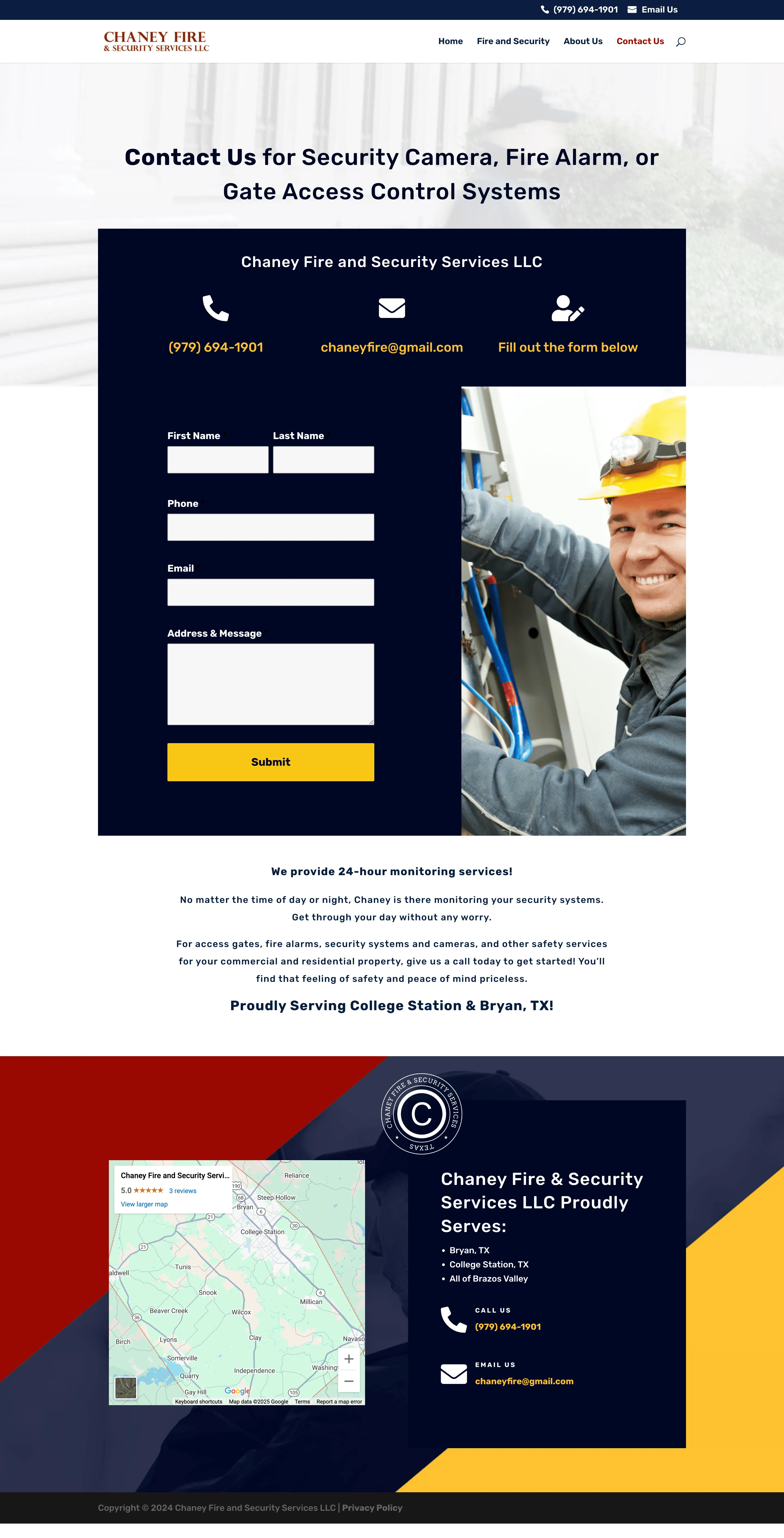 Chaney Fire and Security contact us page after redesign