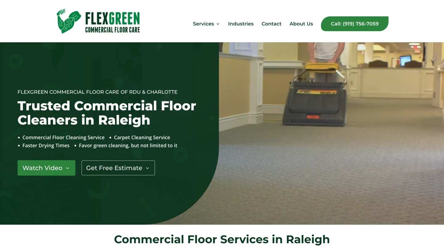 Flexgreen Commercial Floor Care home page on a laptop