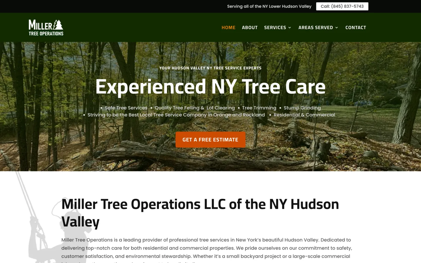 Miller Tree Operations home page on a laptop